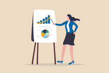 Financial Data Analysis Report, Statistic Or Economic Research Concept, Businesswoman Presenting Graph And Chart On Board In The Meeting.