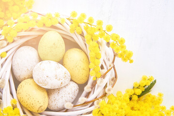 Wall Mural - Easter eggs and mimosa wreath on a white background. Flat lay, copy space