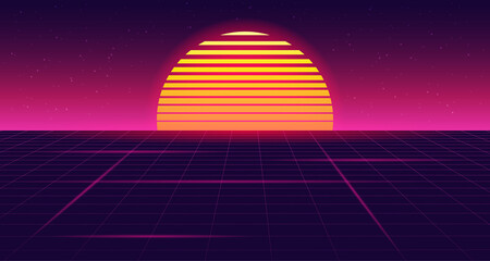Aufkleber - Retro futuristic sunset background with grid. 80s style. Retrowave, synthwave futuristic background. Night sky with stars and sun. Template design for cyber or sci-fi abstract concept. Vector