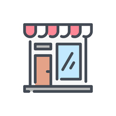 Poster - Store and shop building color line icon. Supermarket and grocery store vector outline colorful sign.