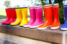 Closeup Of Colorful Rain Boots For School And Preschool Children In Autumn Forest. Close-up Of Different Rubber Boots. Footwear And Fashion For Rainy Fall