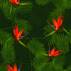 Tropical seamless pattern of flowers bird of Paradise (strelitzia) on the background of palm leaves. Exotic illustration of jungle plants.