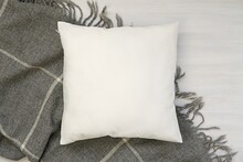 White Blank Pillow Mockup, Cozy Winter Composition With And Warm Wool Blanket, Square Pillow Case, Cushion Mockup.      