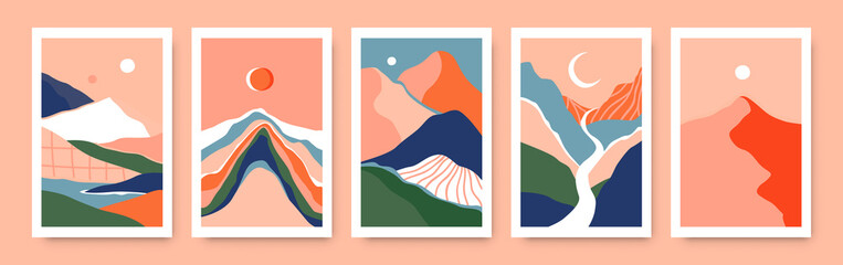Wall Mural - Trendy mountain landscape banner set, cool aesthetic horizon scenery view. Isolated hill environment brochure collection, nature illustration poster bundle with sun and moon. 