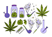 Marijuana Vector Set. Drug Consumption, Cannabis And Smoking Drugs Collection.Fun Doodle Illustration Of Smoking Equipment.