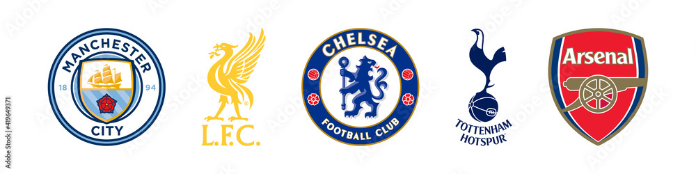Manchester City, Liverpool, Chelsea, Tottenham and Arsenal logo emblem  football England Primere League. Editorial image. VINNITSIA, UKRAINE. MARCH  11, 2021. Stock Vector | Adobe Stock