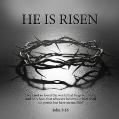 Wall Mural - He is Risen. Easter Poster Design Crown of Thorns Symbol of Crucifixion Dark Backlight 3D Rendering