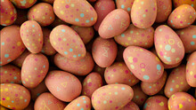Multicolored, Easter Egg Background. Beautiful Orange Eggs With Circle, Ring And Triangle Patterns. 3D Render