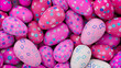 © RocknRoller Studios - Multicolored, Easter Egg background. Beautiful Pink, White and Blue Eggs with Floral and Diamond patterns. 3D Render