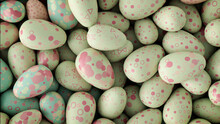 Multicolored, Easter Egg Background. Beautiful Pale Green, Pale Blue And Red Eggs With Spotted And Triangle Patterns. 3D Render