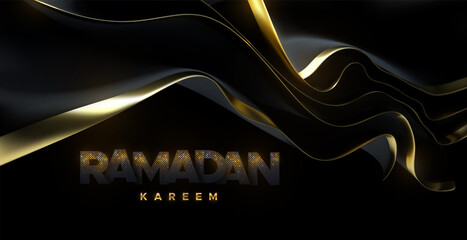 Poster - Ramadan Kareem. Black paper sign with golden glitters