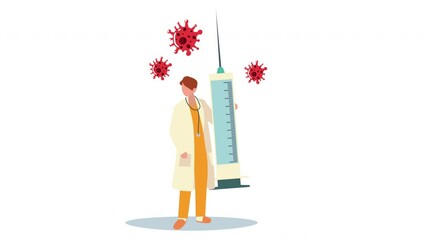 Wall Mural - female doctor with vaccine syringe and particles