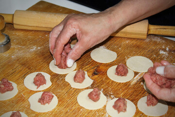 Dumpling making. Close-up. Selective focus. Background.