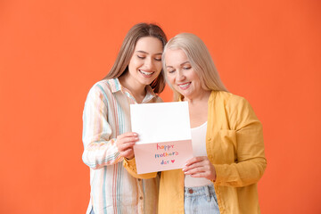 Poster - Young woman greeting her mom on Mother's Day against color background