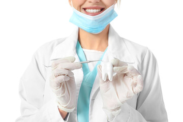 Wall Mural - Female dentist on white background, closeup