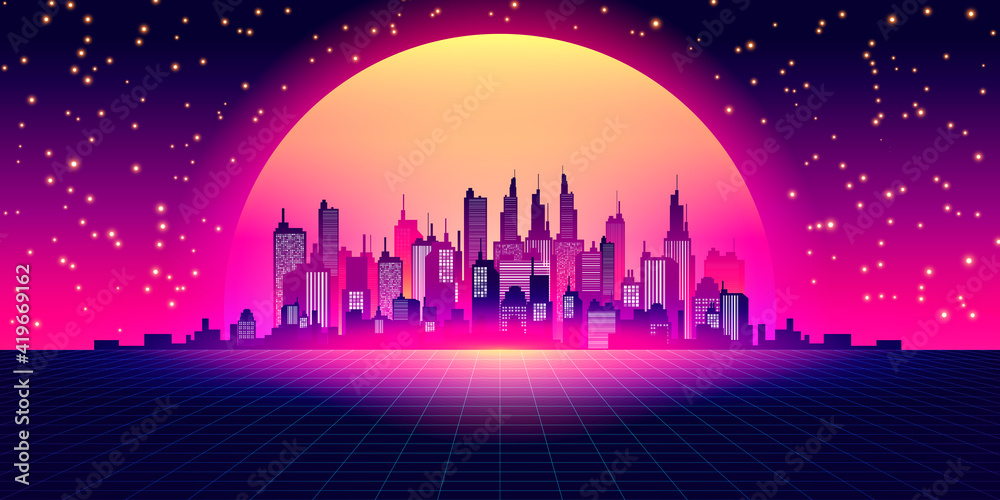 Image vectorielle Stock Sci-fi Vector Background, Night City Skyline in ...