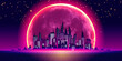 © tashatuvango - Retro City Skyline in 80s Style. Neon Glowing Moon and Starry Sky. Synthwave, Retrowave, Vaporwave, Background. Futuristic Vector Illustration Geometric Style.