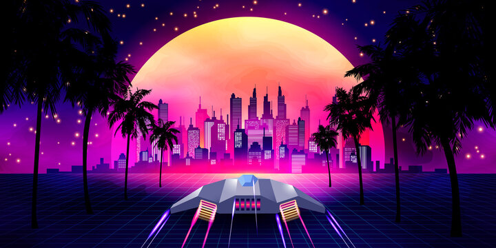Arcade Space Ship Flying to the Sunset. Retro 80s Fashion Sci-Fi Background Landscape. Digital Retro Cityscape Sci-Fi Summer Landscape with 3D Mountains, 80s Style Synthwave or Retrowave illustration.