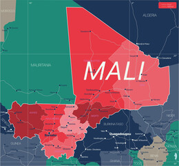 Sticker - Mali country detailed editable map with regions cities and towns, roads and railways, geographic sites. Vector EPS-10 file