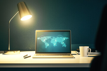 Poster - Abstract creative world map with connections on modern laptop screen, international trading concept. 3D Rendering
