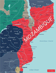 Sticker - Mozambique country detailed editable map with regions cities and towns, roads and railways, geographic sites. Vector EPS-10 file