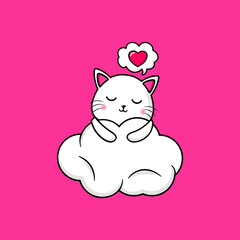 Wall Mural - cute cat hugging cloud design mascot kawaii