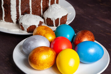 Homemade craft Easter cakes and painted eggs