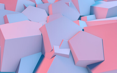 Aufkleber - Abstract background with 3D shapes flying in pink and blue light as a messy array or chaotic structure for any pastel backdrop. 3D illustration