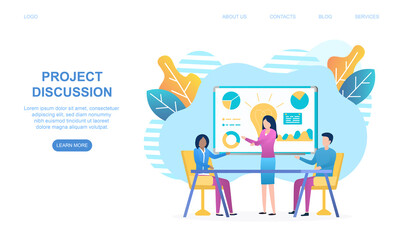 Poster - Male and female characters are discussing project in a conference room together. Concept of teamwork and brainstorming. Website, web page, landing page template. Flat cartoon vector illustration