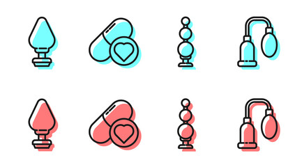 Set line Anal beads, Anal plug, Pills for potency, aphrodisiac and Penis pump icon. Vector.