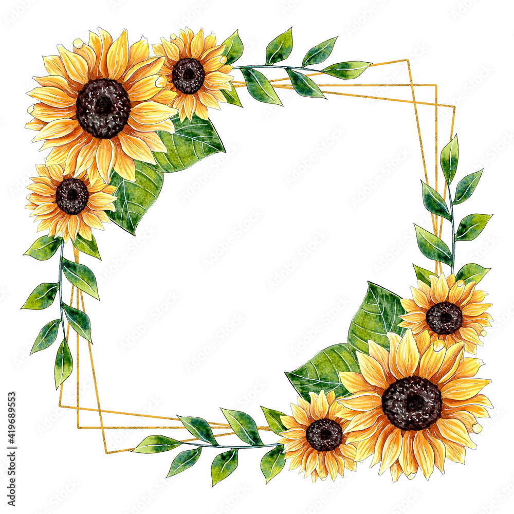 Watercolor Sunflower Floral Frame Design isolated on white background ...