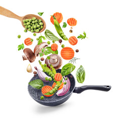 Wall Mural - Fresh vegetables fly in a frying pan on a white background