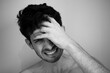 © PetitNuage - Head pain portrait teenager alone shirtless black and white