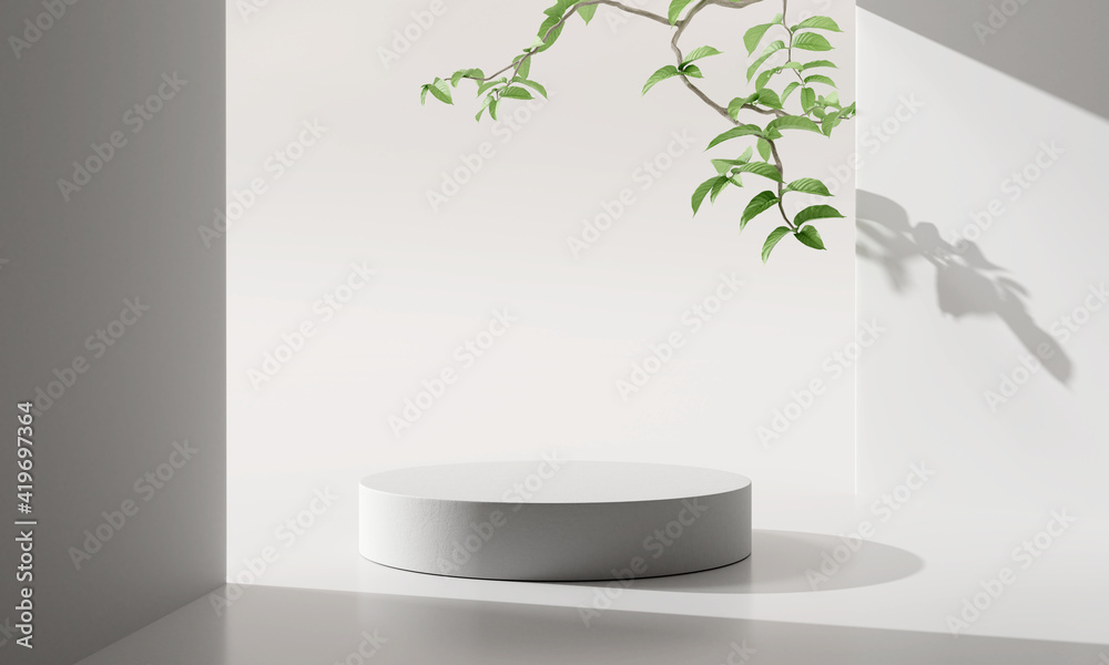 White product display podium with nature leaves and branches. 3D ...