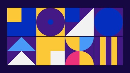 Aufkleber - Geometric pattern loop. Circles, squares animation. Modernist abstract background. Bauhaus Design style. Blue, white, pink, purple, yellow.