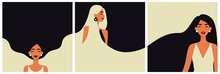 Beautiful Women With Long Hair. Cards With Minimalistic Illustrations.