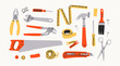 © Dariia - Various working Tools. Different instruments. Construction, Building, repair concept. Screwdriver, saw, brush, hammer, knife, scissors, wrench, etc. Hand drawn Vector set. All elements are isolated