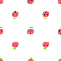 Seamless red apple pattern. Vector background with cute fruits with eyes and smile in cartoon style.