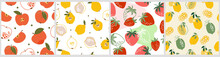 Set Artistic Seamless Patterns Abstract Fruits. Flowers, Simple Shapes, Leaves, Tangerines, Apple, Oranges, Pears, Strawberries, Citrus  Bright Summer Colors For Prints, Wallpaper, Textiles. Vector.