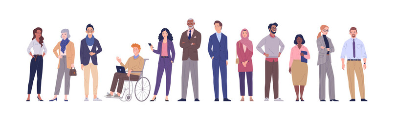 Fototapete - Multinational business team. Vector illustration of diverse cartoon men and women of various ethnicities, ages and body type in office outfits. Isolated on white.