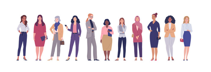 Wall Mural - Business women collection. Vector illustration of diverse multinational standing cartoon women in office outfits. Isolated on white.