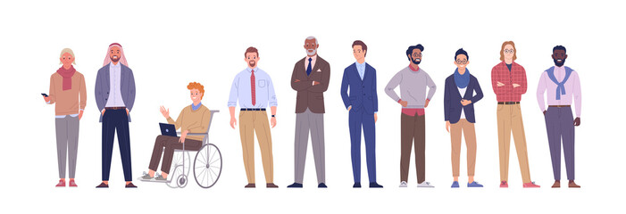 Poster - Businessmen team. Vector illustration of diverse multinational cartoon men in office outfits. Isolated on white.