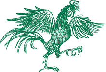 Drawing Of A Green Rooster With Outstretched Wings