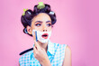 © Volodymyr - Funny girl barber. Morning woman shaving face with foam and razor blade, copy space. Facial care. Laser hair removal.
