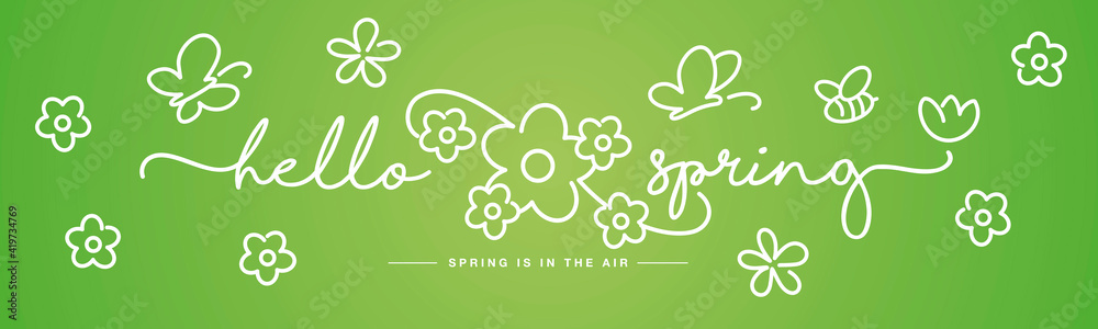 Hello Spring handwritten typography lettering spring is in the air with  white flowers, butterflies and bee on green background drawing in line design - obrazy, fototapety, plakaty 
