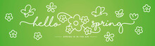 Hello Spring Handwritten Typography Lettering Spring Is In The Air With  White Flowers, Butterflies And Bee On Green Background Drawing In Line Design