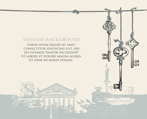 Poster - Vintage background with place for text. Creative vector illustration with old hand-drawn keys hanging on a string on an abstract light backdrop with an old building facade, inkwell, feather and candle