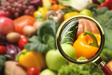 Wall Mural - view through magnifying glass on vegetables, closeup. poison detection