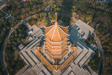 Wall Mural - Aerial view of a retro style traditional Chinese pagoda tower, Jimei Tower in the Civic Park in Jimei District, Xiamen, China. 