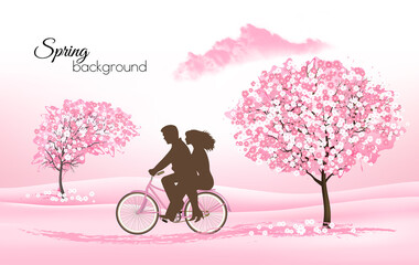 Aufkleber - Spring nature background with a blossoming sakura trees and a bike. Vector.